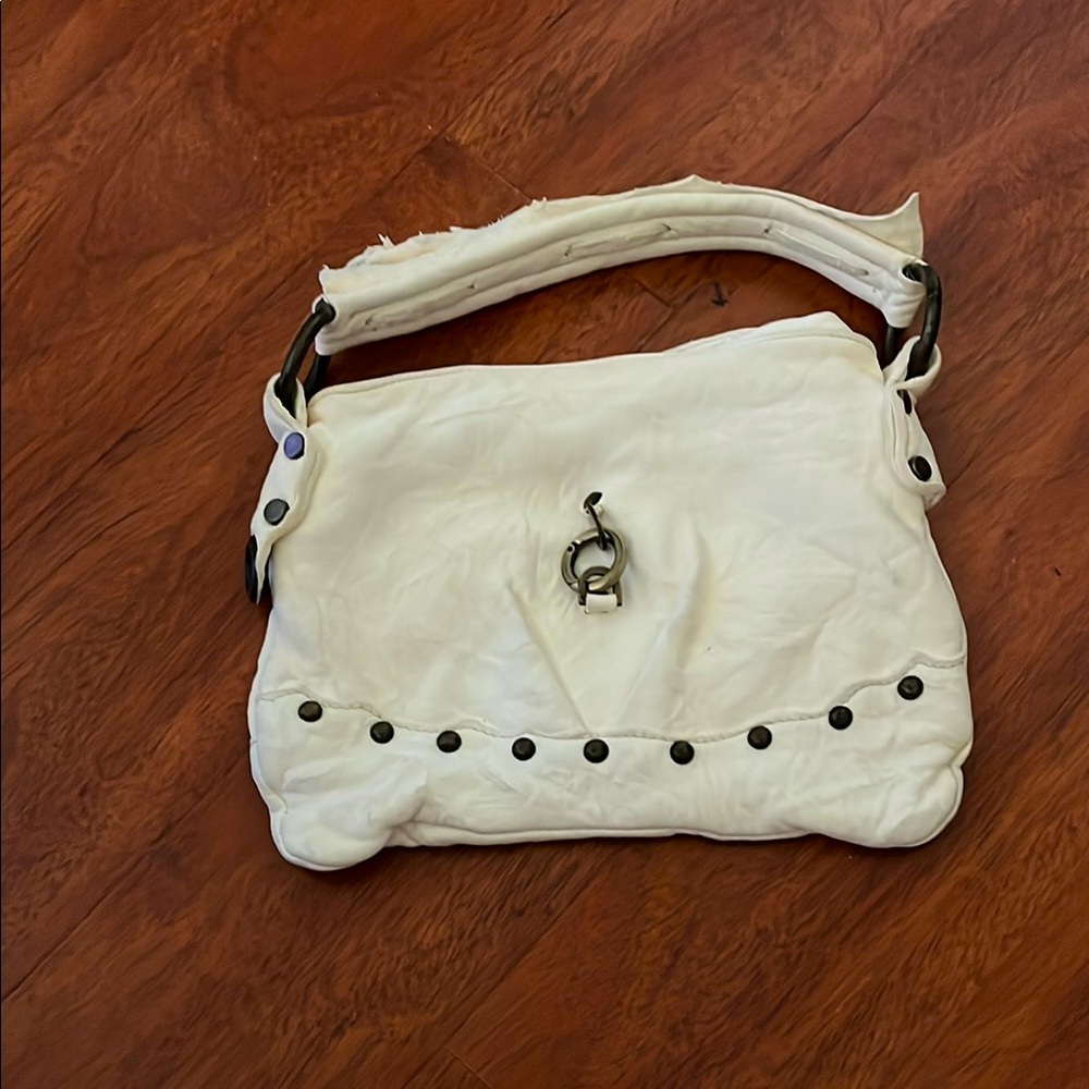 White Shoulder Bag with Silver Hardware and Ruched Design